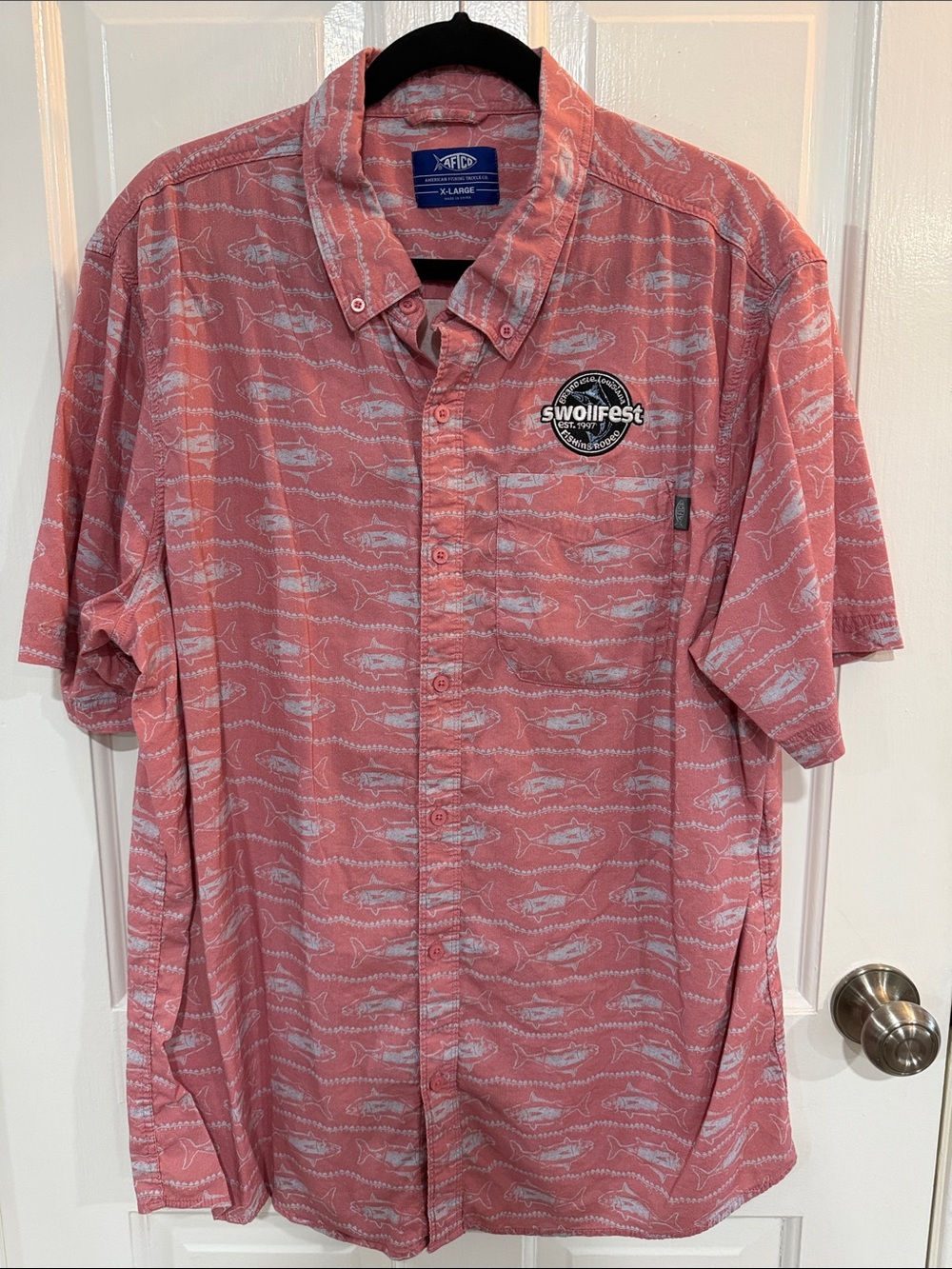 AFTCO Coral Short-Sleeve Button-Down with Fish Pattern